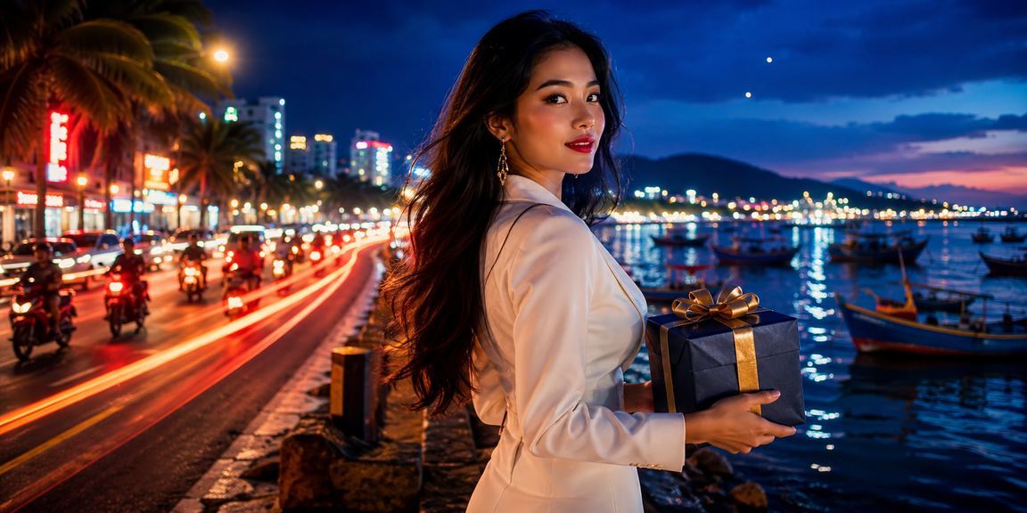 Khung cảnh bãi biển Mũi Né với ánh đèn neon rực rỡ cho trải nghiệm giải trí